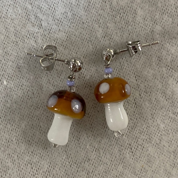 Handmade Glass Mini Mushroom Earrings - Picture 1 of 3